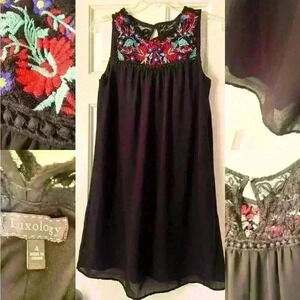 Women’s Luxology size 4 black tunic dress with embroidered top & black sheer EUC
